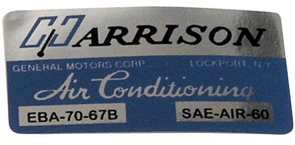 1967-1967 Chevrolet Corvette Decal. Air Conditioner Foil Plate