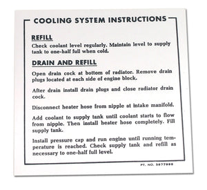 1965-1967 Chevrolet Corvette Decal. Coolant Instructions 65 396/67 L-88