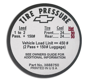 1966-1966 Chevrolet Corvette Decal. Tire Pressure-Glovebox