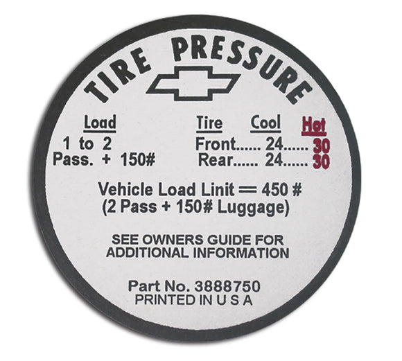 1966-1966 Chevrolet Corvette Decal. Tire Pressure-Glovebox