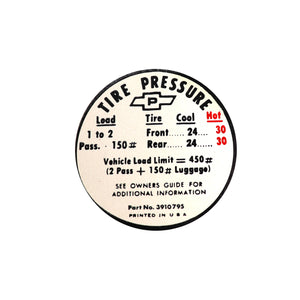 1967-1967 Chevrolet Corvette Decal. Tire Pressure-Glovebox