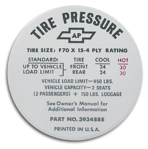 1968-1972 Chevrolet Corvette Decal. Tire Pressure-Glovebox