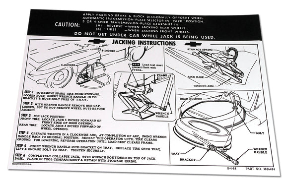 1965-1966 Chevrolet Corvette Decal. Jacking Instruction