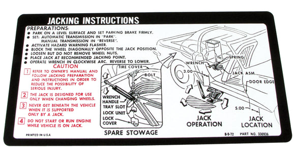 1974-1974 Chevrolet Corvette Decal. Jacking Instruction