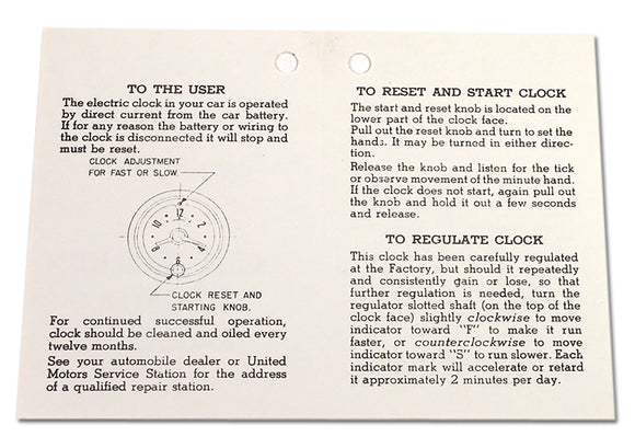 1953-1957 Chevrolet Corvette Card. Clock Instructions