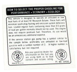 1973-1974 Chevrolet Corvette Decal. Fuel Recommendations