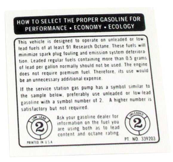 1973-1974 Chevrolet Corvette Decal. Fuel Recommendations