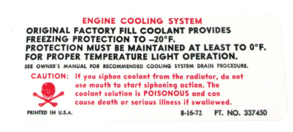 1973-1973 Chevrolet Corvette Decal. Radiator Caution