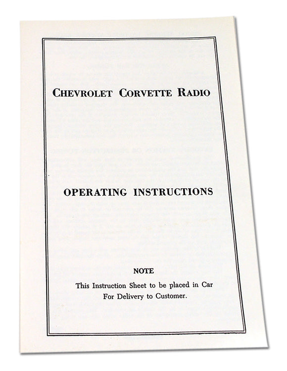 1953-1957 Chevrolet Corvette Card. Radio Instruction