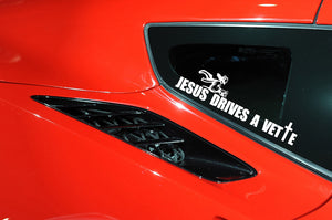 1953-2023 Chevrolet Corvette JESUS DRIVES A VETTE Decal - cross only Matte Gold W/ Impact font