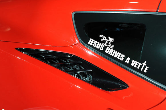 1953-2023 Chevrolet Corvette JESUS DRIVES A VETTE Decal - cross & image Matte White W/ Impact font