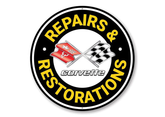 1953-2023 Chevrolet Corvette Corvette Repairs & Restoration Sign - 12in Circle