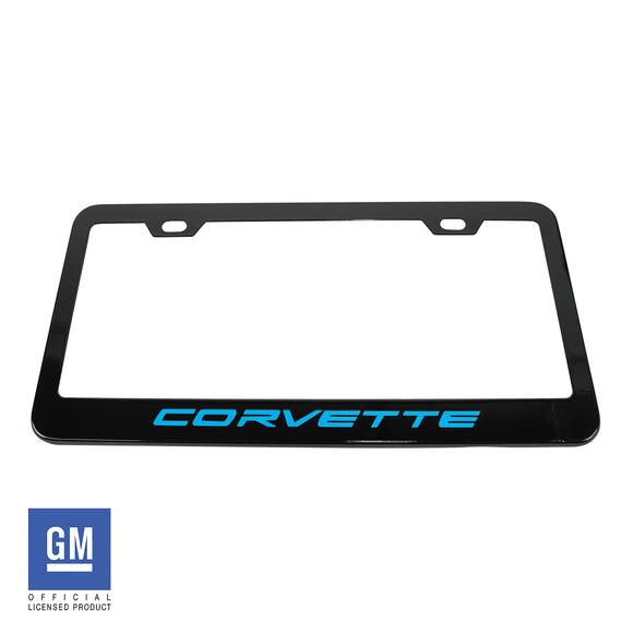 2020-2023 Chevrolet Corvette Matte Black Metal License Plate Frame w/Gloss Rapid Blue Corvette Script