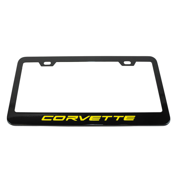 2020-2023 Chevrolet Corvette Matte Black Metal License Plate Frame w/Gloss Yellow Corvette Script