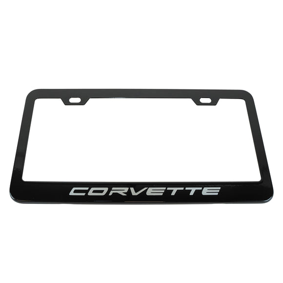 2020-2023 Chevrolet Corvette Matte Black Metal License Plate Frame w/Gloss Silver Corvette Script