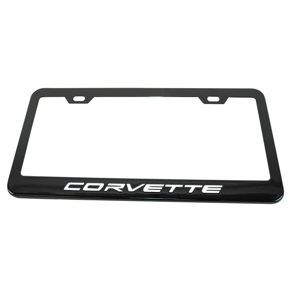 2020-2023 Chevrolet Corvette Matte Black Metal License Plate Frame w/Gloss White Corvette Script