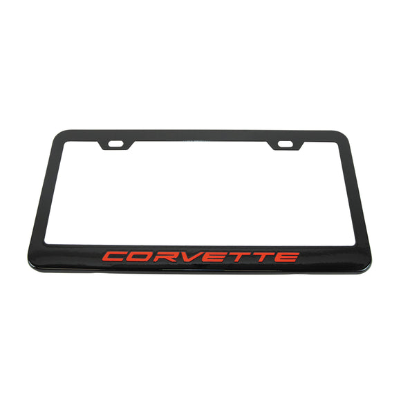 2020-2023 Chevrolet Corvette Matte Black Metal License Plate Frame w/Gloss Red Corvette Script