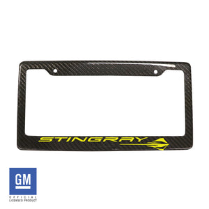 2020-2023 Chevrolet Corvette Carbon Fiber License Plate Frame w/ Gloss Yellow Stingray Script & Logo