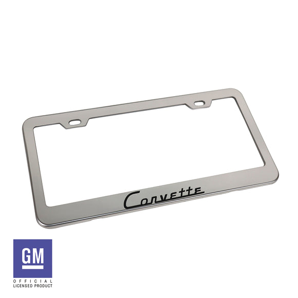 1953-1962 Chevrolet Corvette License Plate Frame - Polished SS W/Carbon Fiber Corvette Script