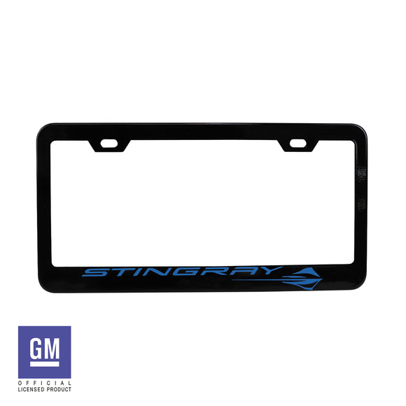 2020-2024 Chevrolet Corvette License Plate Frame - Matte Black W/Rapid Blue Stingray Script & Logo