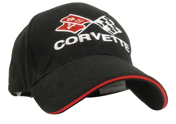 1968-1982 Chevrolet Corvette Cap. Crossed Flags - Black W/Red Trim