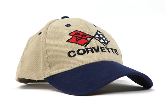 1968-1982 Chevrolet Corvette Cap. Crossed Flags - Tan W/Blue Trim