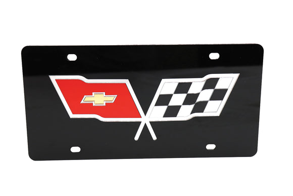 1953-1982 Chevrolet Corvette Front License Plate. Black W/Mirrored Cross Flags Logo