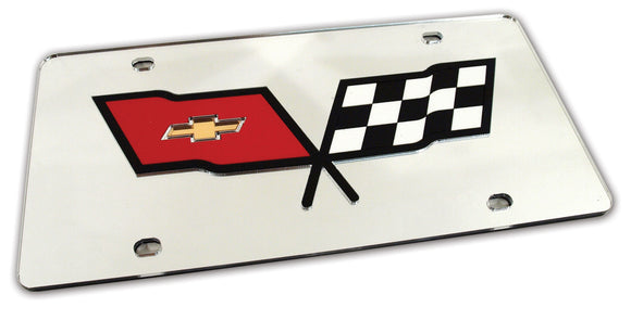 1953-1982 Chevrolet Corvette Front License Plate. Mirrored W/Black Cross Flags Logo