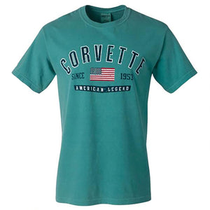 1953-2022 Chevrolet Corvette Soft Washed Distressed American Flag T-Shirt - Seafoam - Large