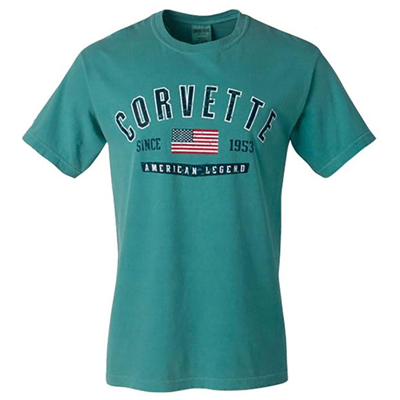 1953-2022 Chevrolet Corvette Soft Washed Distressed American Flag T-Shirt - Seafoam - Large