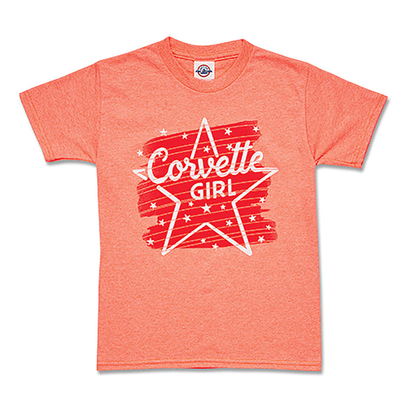 1953-2022 Chevrolet Corvette Youth Corvette Girl Star T-Shirt - Coral - Extra Small