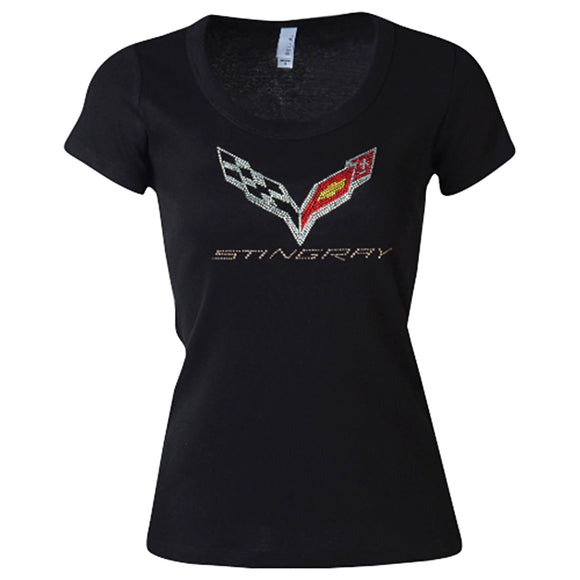 2014-2019 Chevrolet Corvette Ladies T-Shirt - Black C7 Scoop Neck Rhinestone - Large