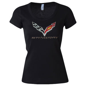 2014-2019 Chevrolet Corvette Ladies T-Shirt - Black C7 Scoop Neck Rhinestone - Small