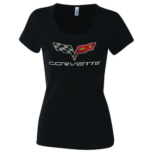 2005-2013 Chevrolet Corvette Ladies T-Shirt - Black C6 Scoop Neck Rhinestone - XXL