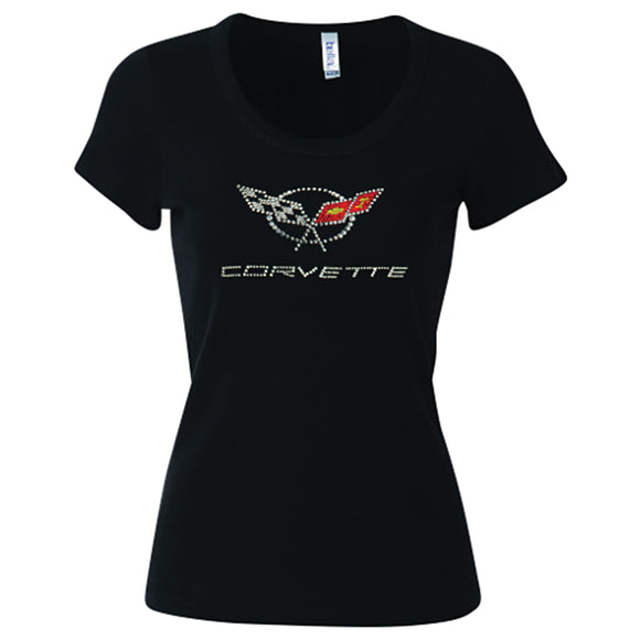 1997-2004 Chevrolet Corvette Ladies T-Shirt - Black C5 Scoop Neck Rhinestone - Large