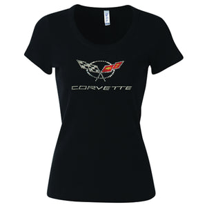 1997-2004 Chevrolet Corvette Ladies T-Shirt - Black C5 Scoop Neck Rhinestone - Medium