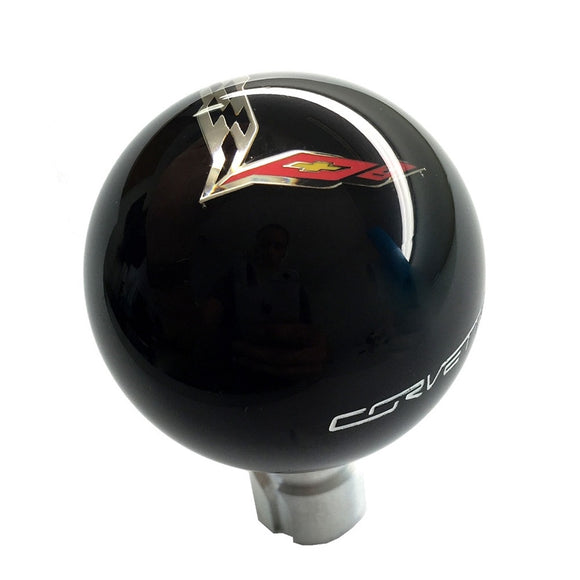 2014-2019 Chevrolet Corvette Shift Knob w/C7 Cross Flags & Side Corvette Script - Black/White