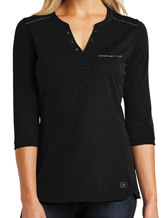 2020-2021 Chevrolet Corvette Ladies Ogio Henley - 3/4 Length Sleeve Next Gen. W/C8 Logo On Back -Black-2XL