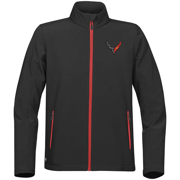 2020-2021 Chevrolet Corvette Mens Jacket - Softshell Full Zip Next Gen. W/C8 Logo - Black/Bright Red Zippers