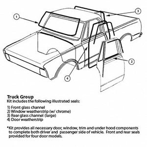 Weatherstrip Kit; 67-70 Chevrolet C/K Pick-Up; Models With Chrome Reval Molding; Sash Chrome & Big Back Window