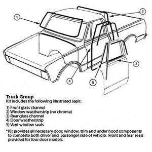 Weatherstrip Kit; 73-77 Pick-Up Without Chrome Reveal Moldings