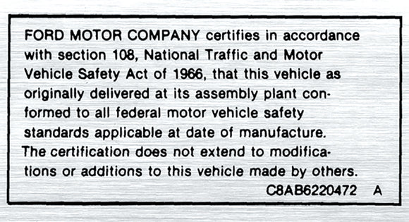 1968-1973 Ford Mustang Safety Act Information Decal