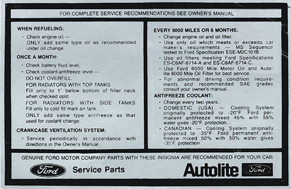 1970-1970 Ford Mustang Engine Service Specifications Decal