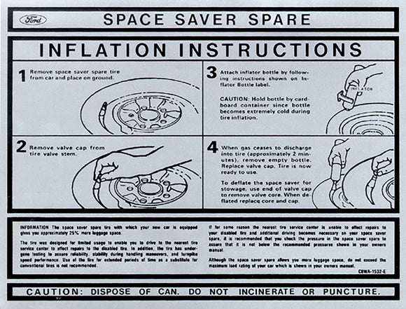 1967-1973 Ford Mustang Space Saver Spare Instructions Decal