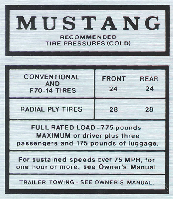 1967-1967 Ford Mustang Tire Inflation Specifications Decal