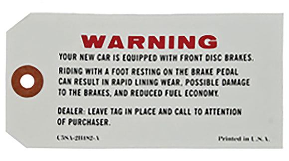 1965-1965 Ford Mustang Disc Brake Warning Tag