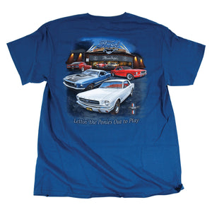 1964-2021 Ford Mustang T-Shirt - Mustang Lettin' The Ponies Out To Play - Blue - 2XL