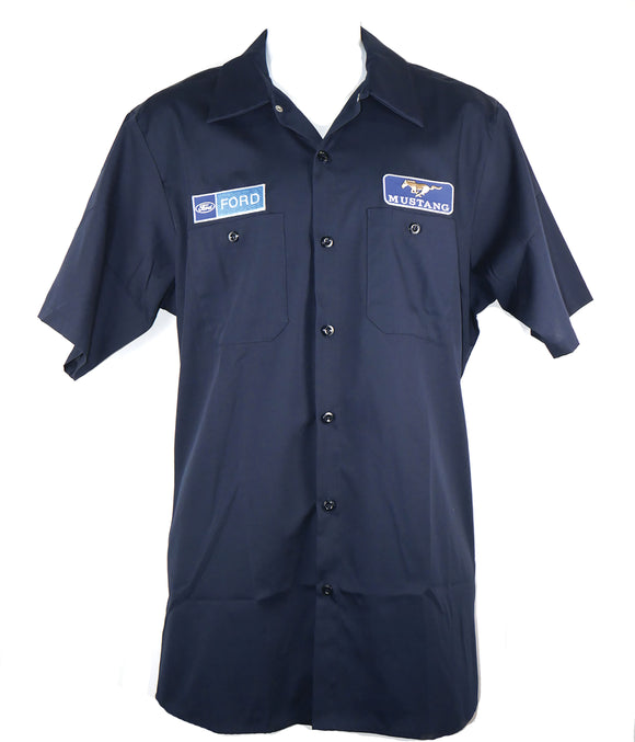 1964-2021 Ford Mustang Mens Work Shirt-Blue W/Mustang Logo & Script Large