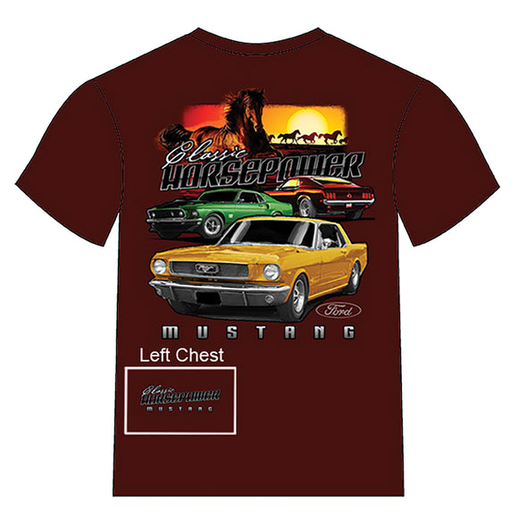 1964-2021 Ford Mustang T-Shirt - Mustang HP Classic - Maroon - Large