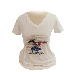 1964-2021 Ford Mustang T-Shirt - Ladies Mustang W/Pony & Script - White - Medium